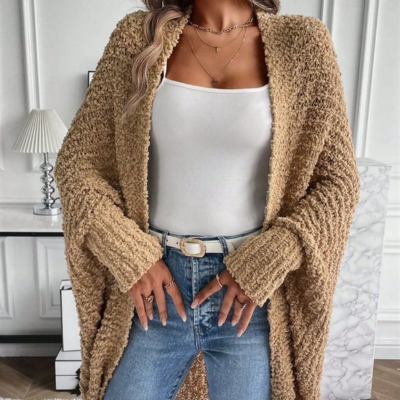 . Sweaters - Khaki Casual Womens Batwing Sleeve Open Front Cardigan